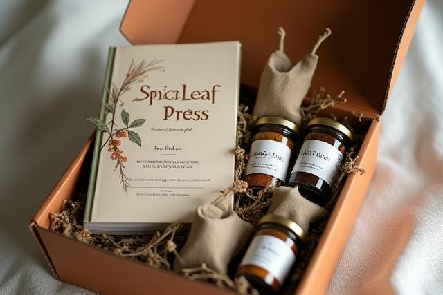 Elegant verpackte SpiceLeaf Abo-Box mit Buch, getrockneten Kräutern und Gewürzproben